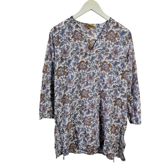 Roberta Roller Rabbit Top Women M White Blue Floral Tunic 3/4 Sleeve 100% Cotton - Picture 1 of 10